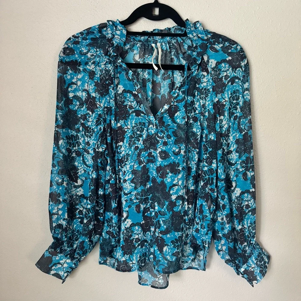 Anthropologie Sheer Printed Peasant Blouse Blue Motif XS - Picture 4 of 9